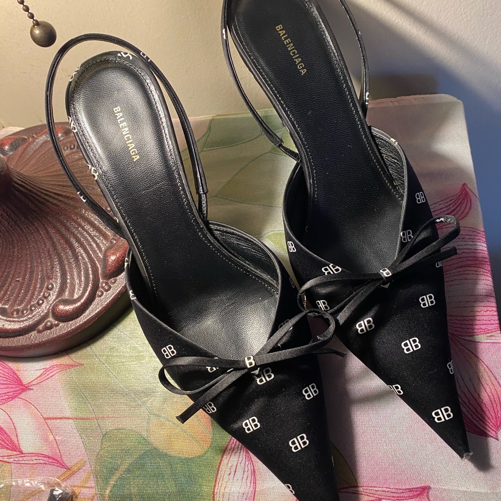Balenciaga Black BB Logo Satin Knife Slingback Pumps Size 38